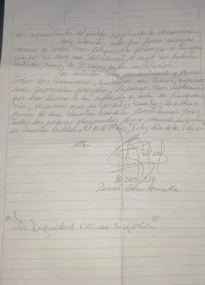 Carta manuscrita de Ramón Amarilla desde la cárcel