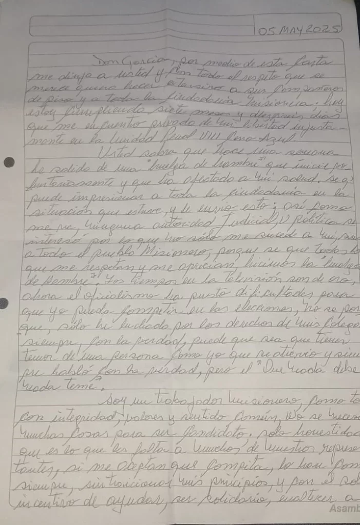 Carta manuscrita de Ramón Amarilla desde la cárcel